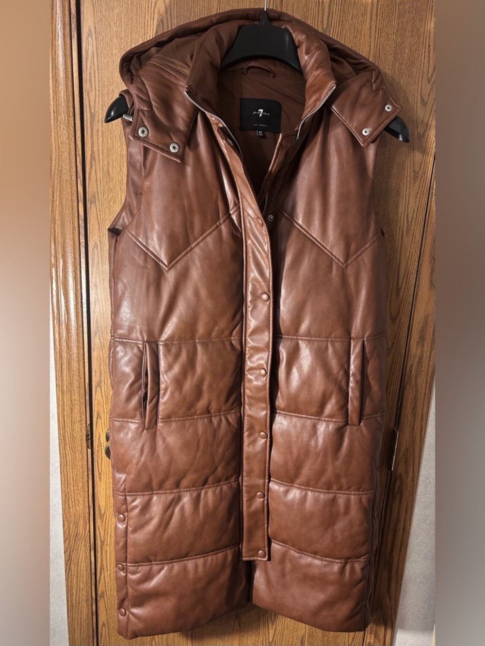 7 For All Mankind Faux Leather Long Sleeveless Hooded Puffer - Picture 3 of 6